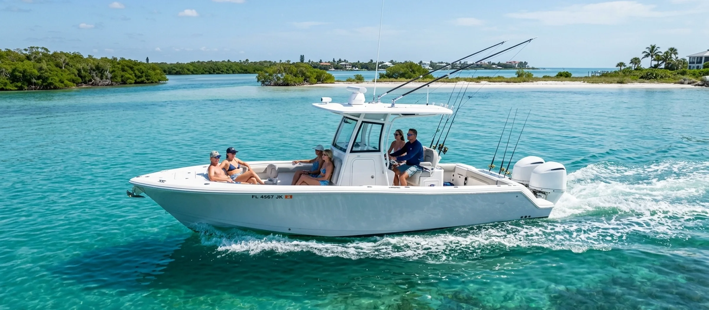 A center console boat on clear Florida water