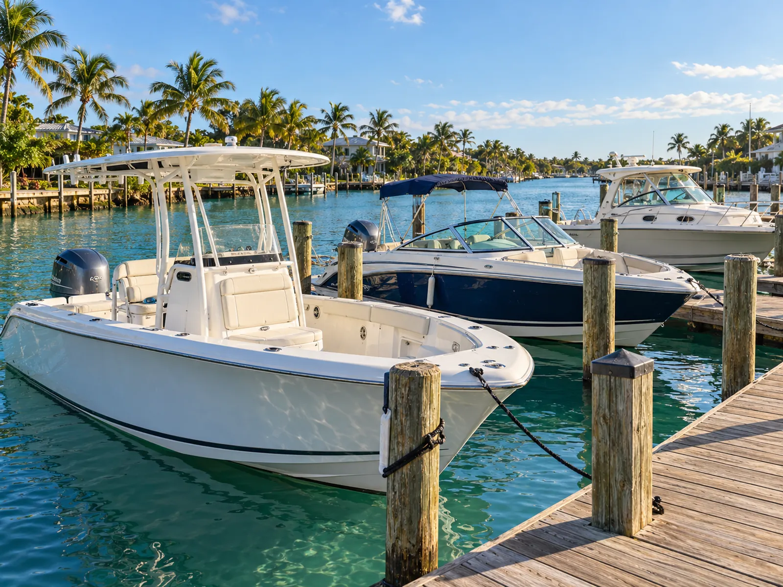 Different recreational boat types moored along a sunlit Florida marina dock