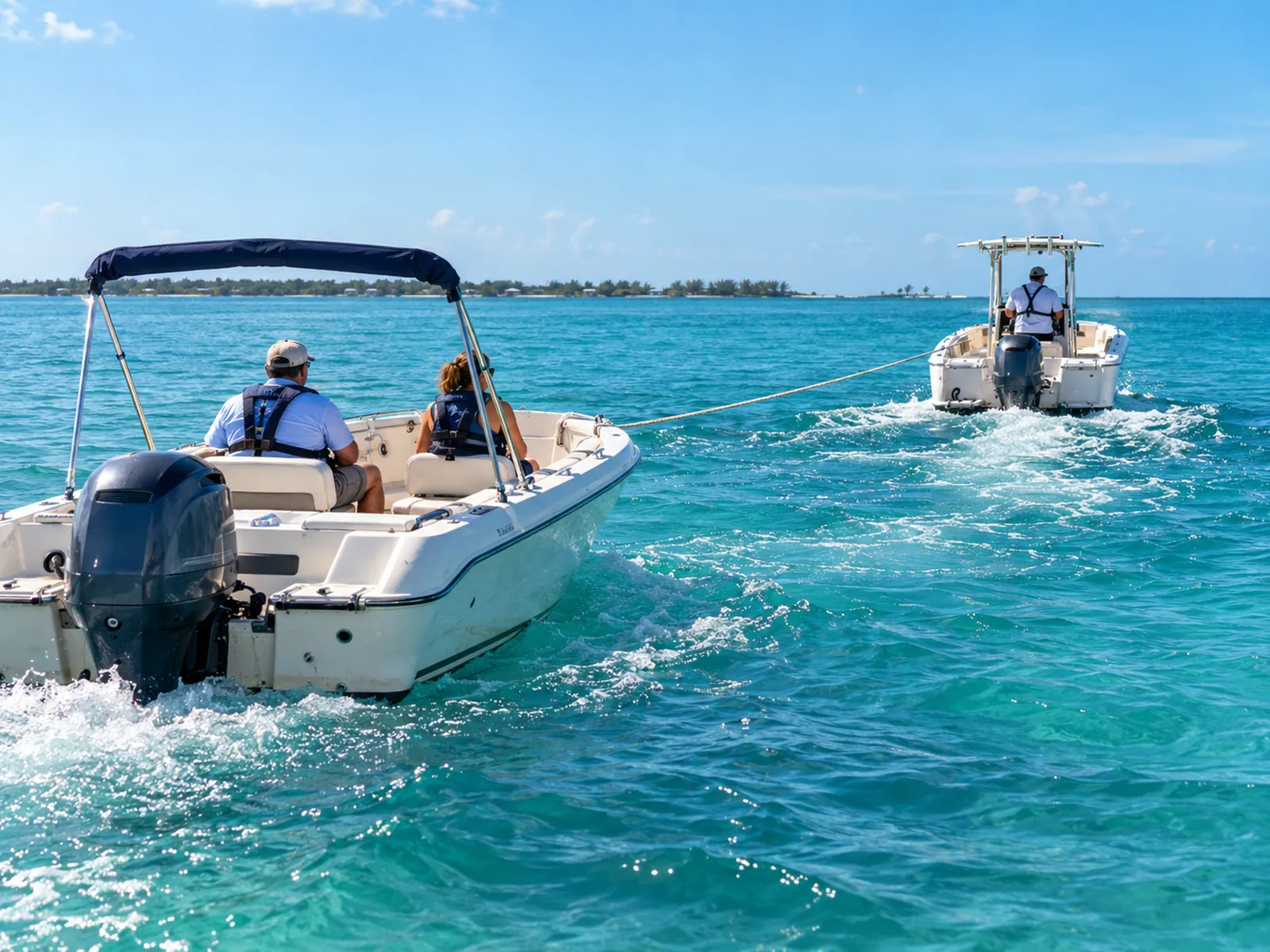 Life-jacketed boaters receiving a slow assistance tow on Florida water