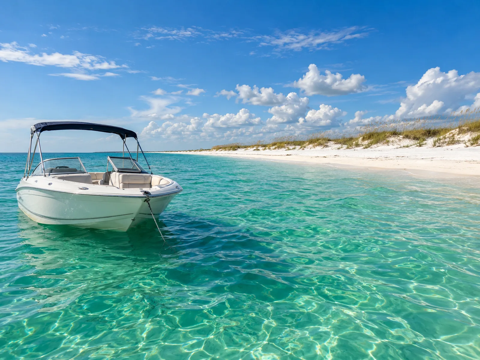 Emerald-green water and a white-sand shoreline in the Florida Panhandle with a boat in the shallows