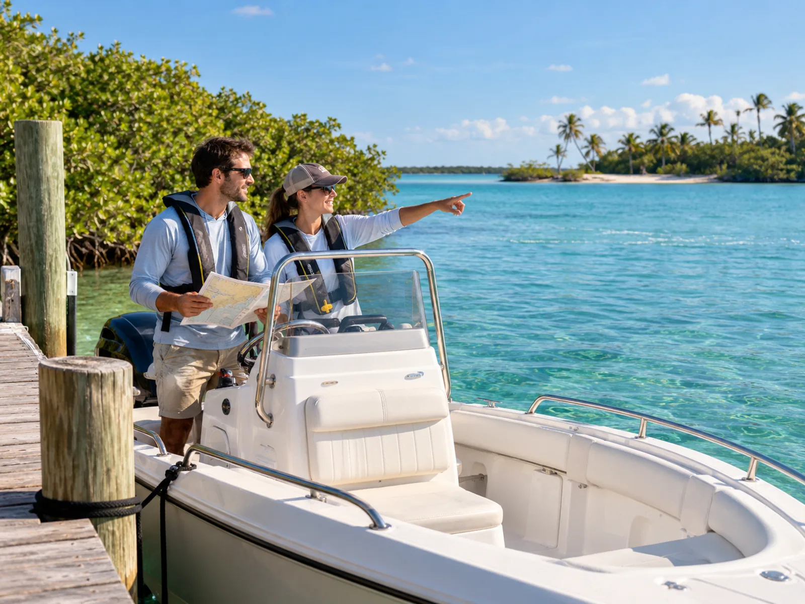 Two boaters planning a route at the helm of a moored boat beside clear turquoise Florida water