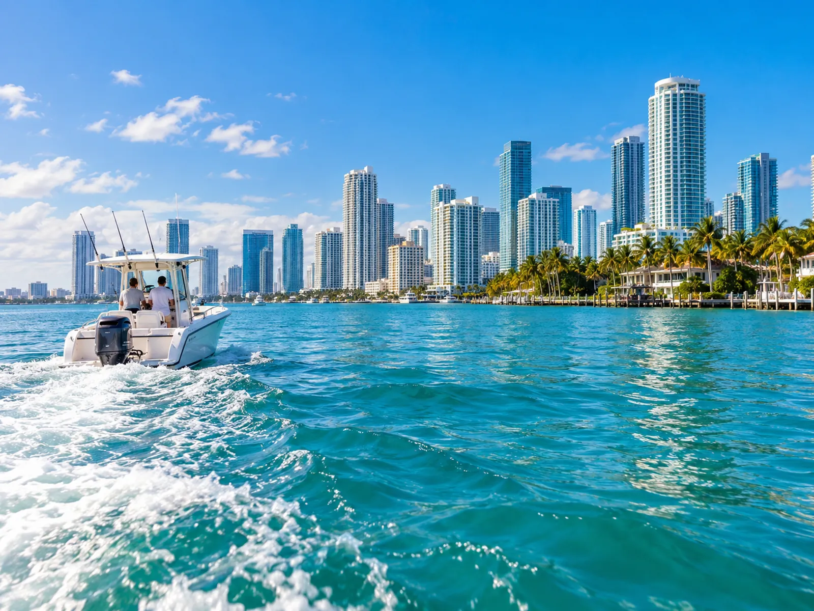Biscayne Bay with the Miami skyline seen from a small boat