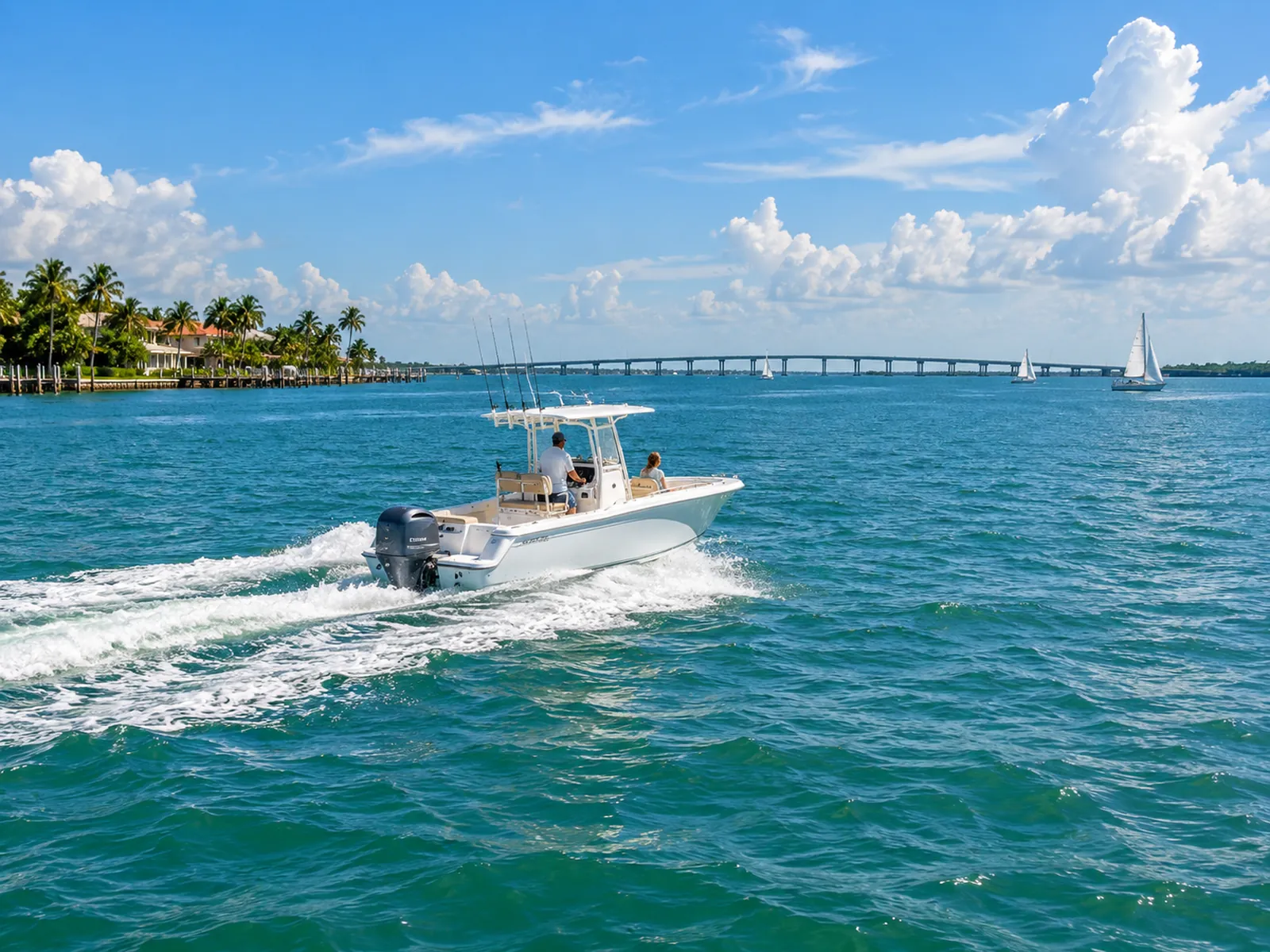 A boat on Tampa Bay with a cable-stayed bridge in the distance